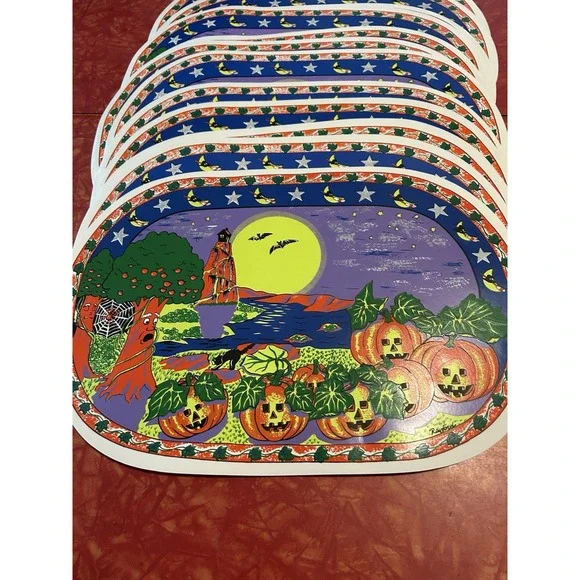 Vintage Vinyl Halloween Placemats Pumpkin Patch Glow In The Dark Set Of 12 - Picture 2 of 6